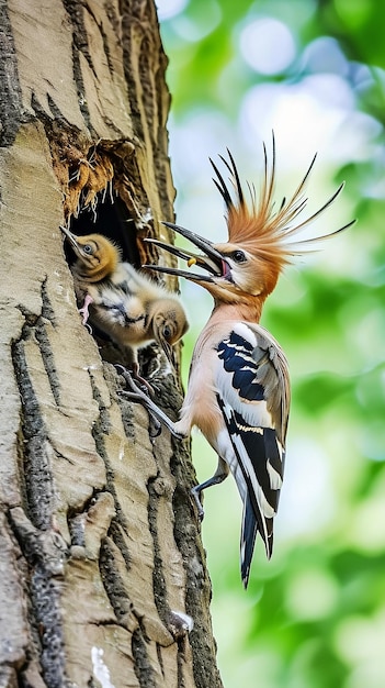 Eurasian hoopoe upupa epops feeding chick inside