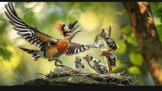 Photo eurasian hoopoe upupa epops feeding its chicks captured in flight generative ai