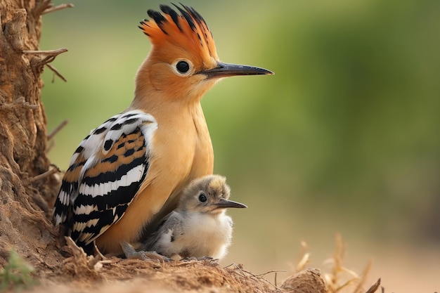 Eurasian hoopoe Upupa epops with chicks