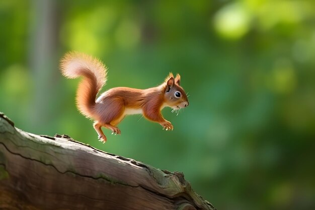 Фото Евразийская красная белка sciurus vulgaris прыгает в лесу в летний день нейронная сеть, сгенерированная в мае 2023 года, не основана на какой-либо реальной сцене или схеме