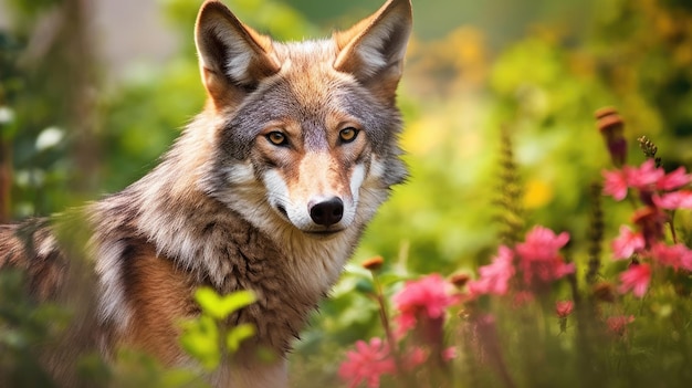 Eurasian wolf in the forest closeup