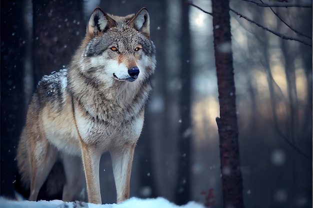 Lupo eurasiatico in bianco habitat invernale bella foresta invernale