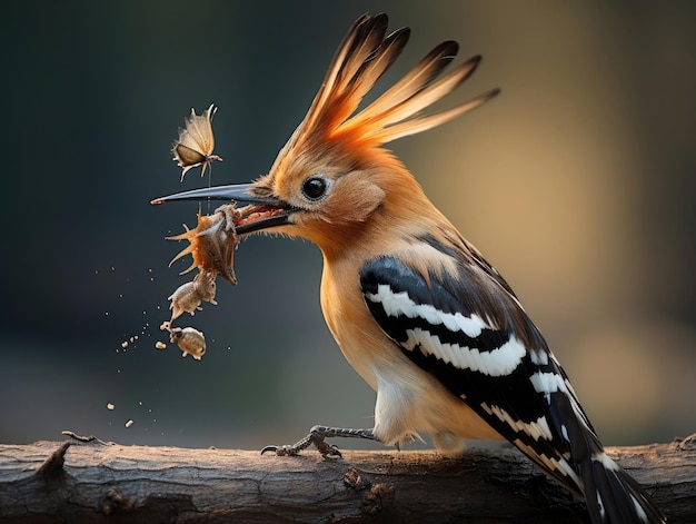 Euraziatische Hoopoe vogel met zijn vangst