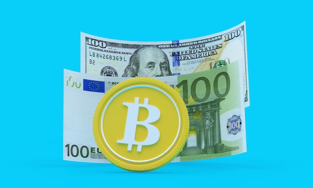 写真 ビットコインでのユーロ紙幣とドル紙幣。