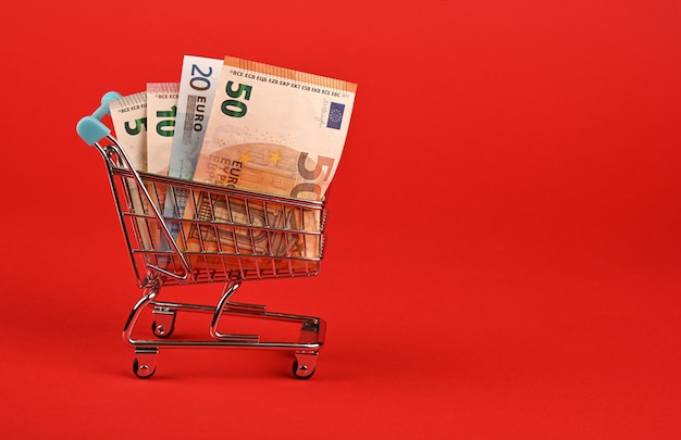 Euro bankbiljetten in winkelwagen over rood