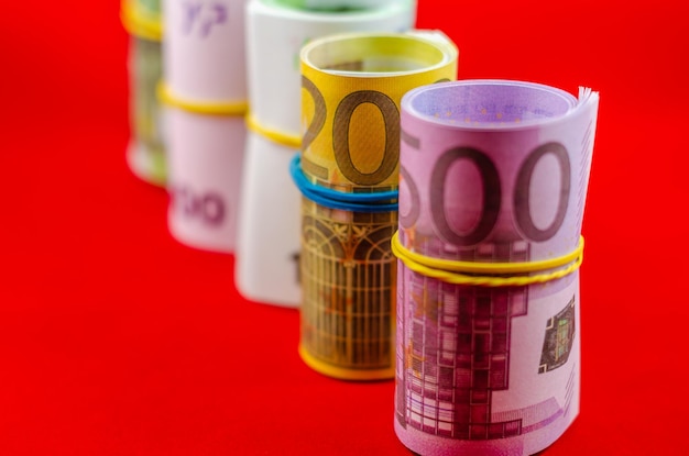 Photo euro banknotes in the assortment in rolls.