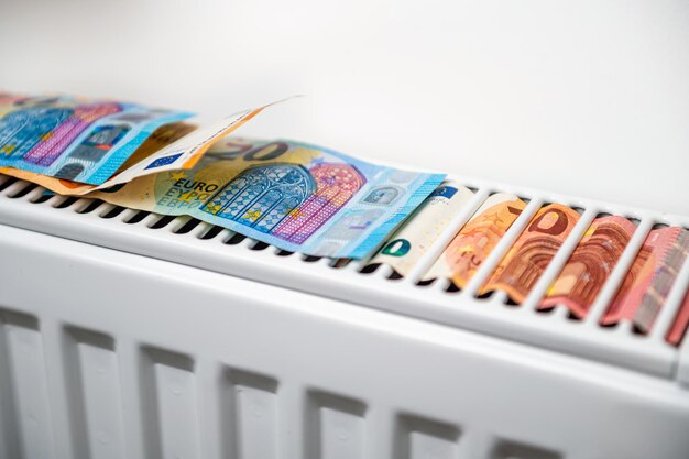 Euro banknotes in a central heating radiator the concept of expensive heating costs closeup