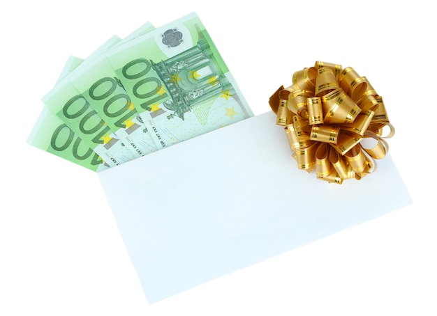 Euro banknotes in envelope with bow isolated on white