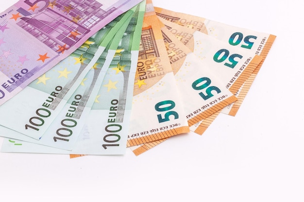 Euro banknotes on isolated white background