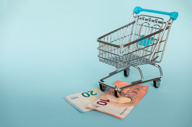 Euro banknotes and shopping cart on blue. Financial and buying concept. 