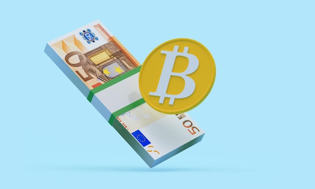 Euro banknotes with bitcoin sign.