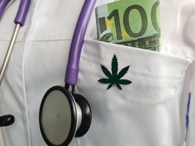 Euro bill icon with cannabis and marijuana and doctor