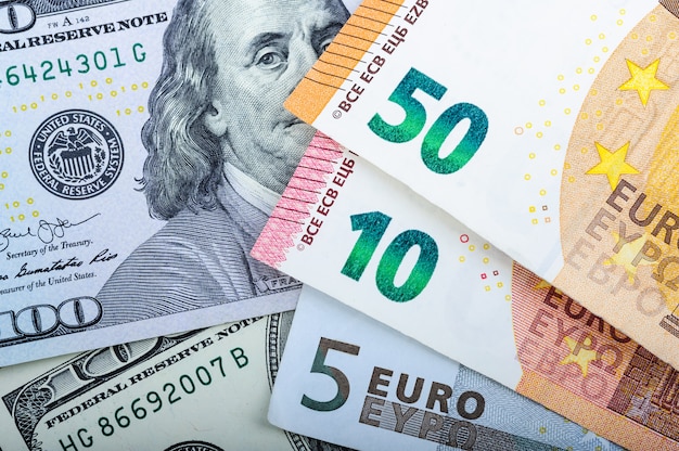 Euro bills. Different denominations on gray