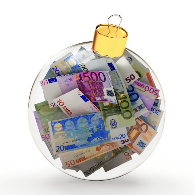 Banconote in euro in una palla di natale trasparente