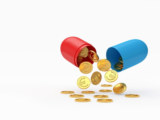 Euro coins pouring out of a bright open medical capsule