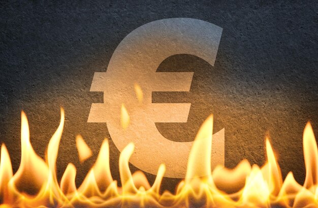 Euro currency symbol burning in fire flames