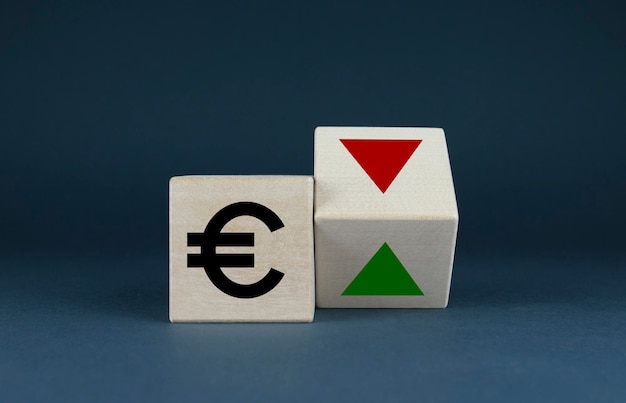 Euro currency value Cubes form Euro sign and up and down arrows Finance and business concept