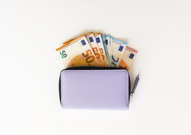 Euro geld in de paarse lederen portemonnee
