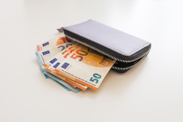 Euro geld in de paarse lederen portemonnee