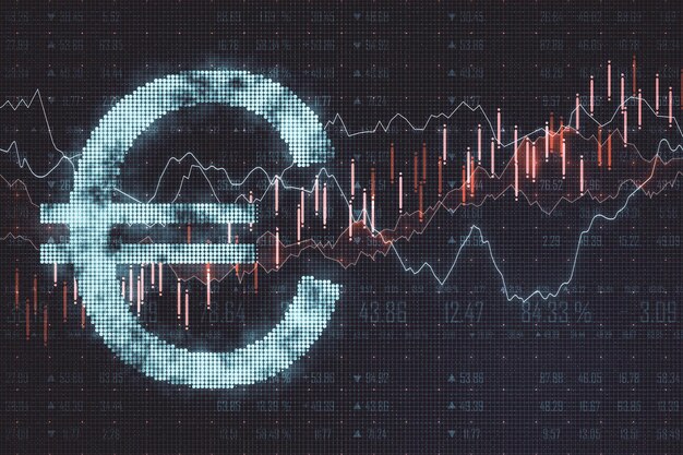 Photo euro icon with glowing stock chart on dark background