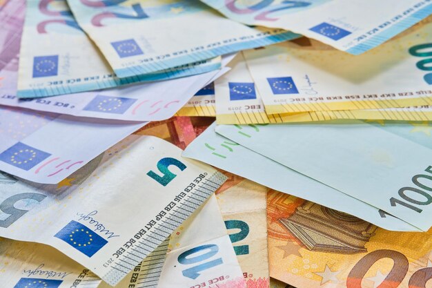 Euro money background of cash denominations of euro banknotes payment system of the European Union countries Business news splash screen banner mockup