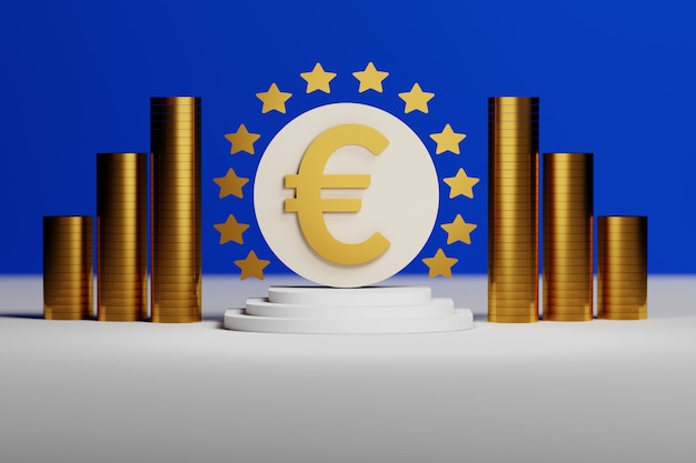 Euro sign with golden coins on blue backgound