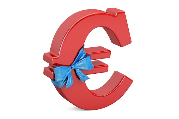 Символ евро с бантом и лентой, концепция подарка крупным планом 3D рендеринг