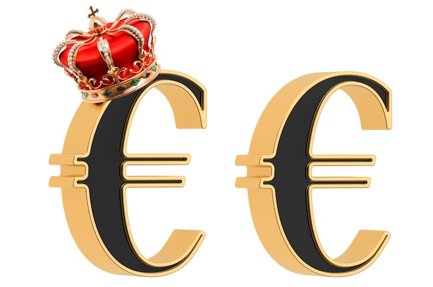 Euro symbol with gold crown and without black font with golden border 3D rendering