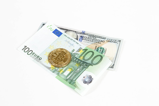 Euro, US Dollars and bitcoin coin