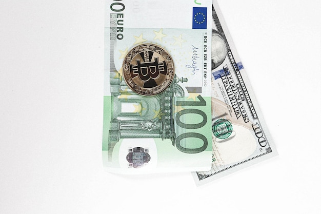 Euro US Dollars and bitcoin coin