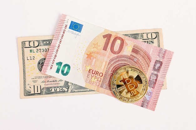 Euro, US Dollars and bitcoin coin