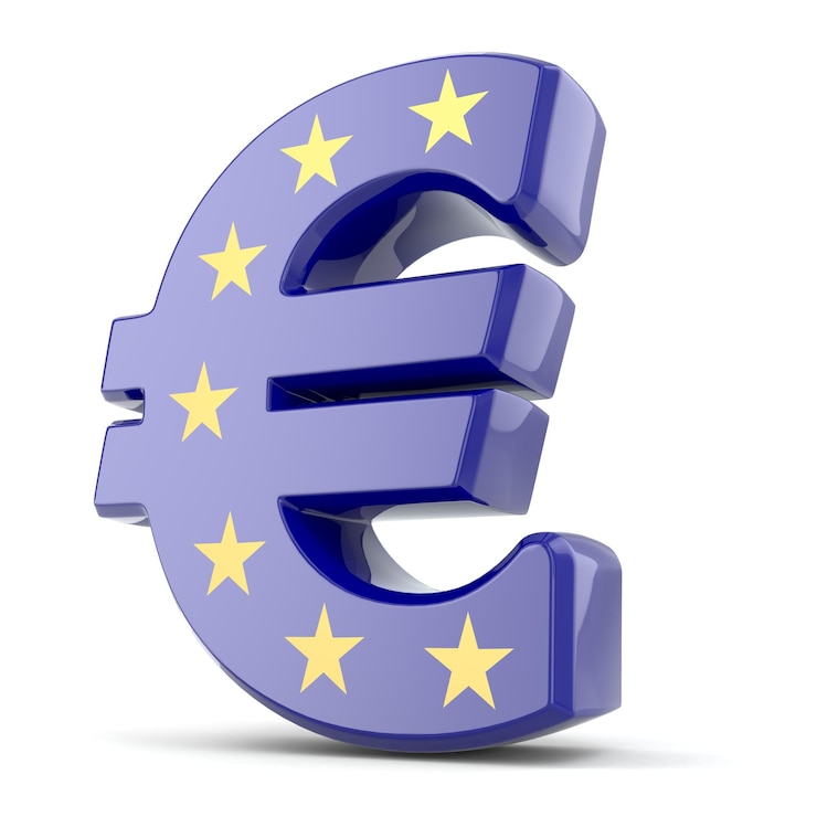 Foto euro valutateken en de vlag van de europese unie. 3d