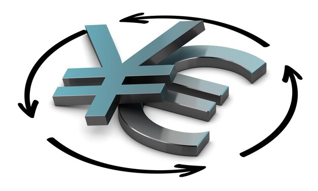 Simboli dell'euro e dello yen con quattro frecce circolari su sfondo bianco, illustrazione dello scambio tra due valute.