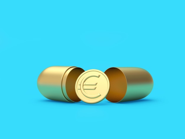 Foto euromunt in een open gouden medische capsule