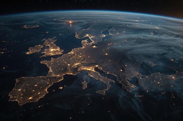 Europa's nachts stadsverlichting uit de ruimte 3D-weergave van de aarde
