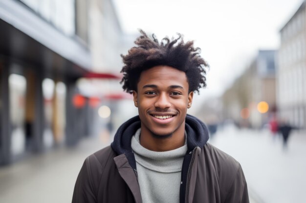 An europan africa black young man smile at camera in the city