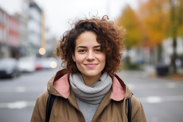 유럽 백인 젊은 여성이 도시에서 카메라에 미소 짓고 있습니다.