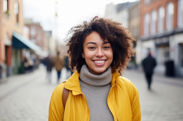 Photo a europan white people young woman smile at camera in the city