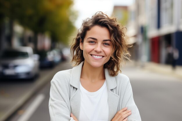 ヨーロッパの白人の若い女性が ⁇ 街でカメラに微笑んでいます ⁇ 