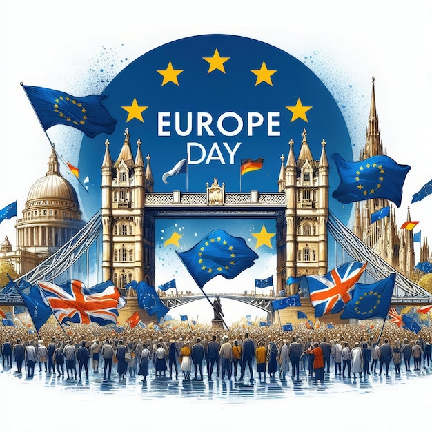 Foto illustrazione della giornata dell'europa con la bandiera dell'unione europea sventolata
