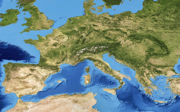 europe flat view from space detailed map on global satellite photo