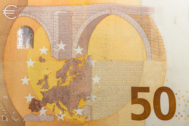 Europe map on a fifty euro banknote bill. Concept of uniting European countries