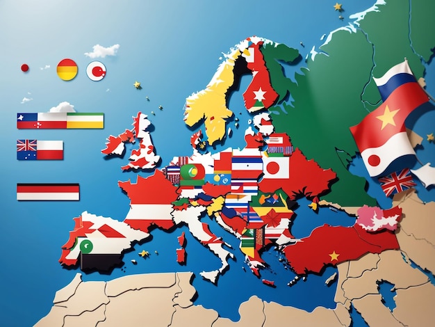 Europe Map with Flags of Countries 3D Rendering in Graphic Representation