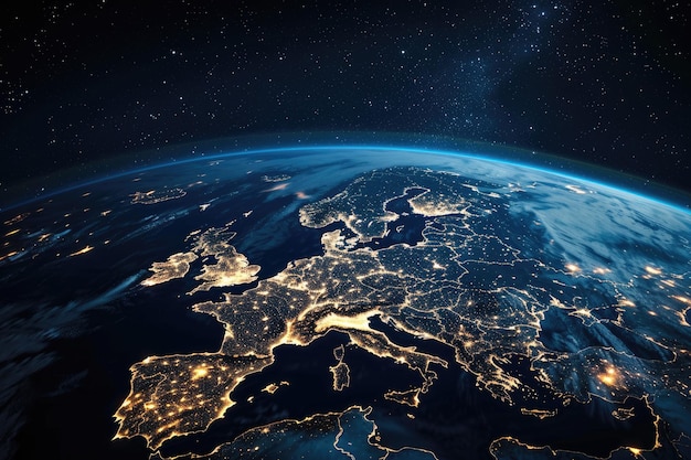 夜のヨーロッパと街の灯り 3D 地球のレンダリング