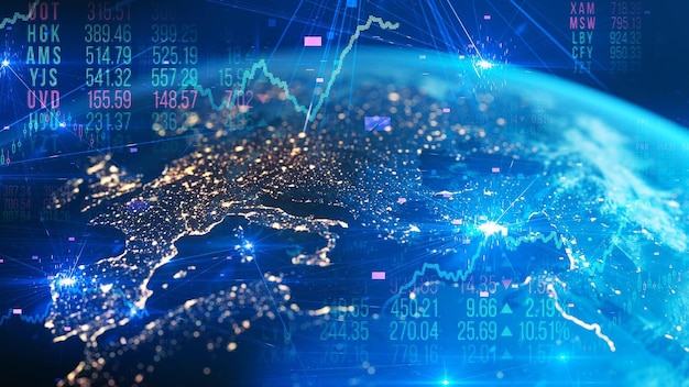 Europe seen from space combined with different financial charts Perfectly usable for topics like g