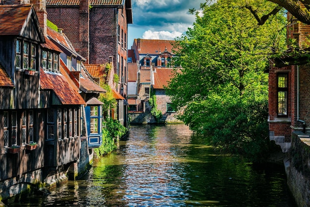 Europe travel background canal and medieval houses Bruges Brugge Belgium