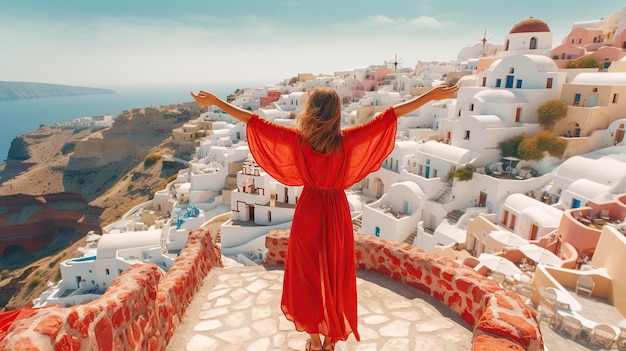 Europe travel vacation fun summer woman dancing in freedom with arms up happy in Oia Generative AI