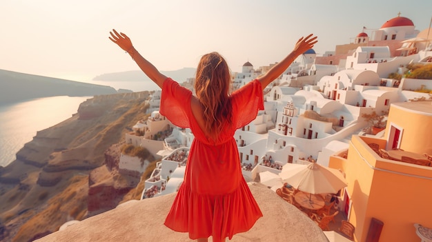 Europe travel vacation fun summer woman dancing in freedom with arms up happy in Oia Generative AI