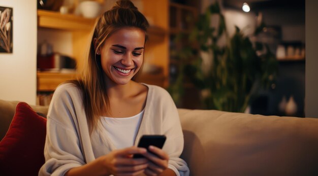 European and American Girl on Couch with Smartphone