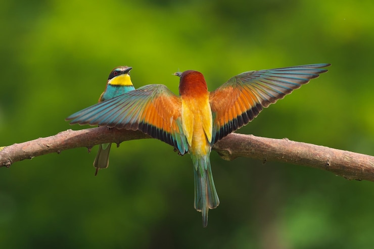 Photo european beeeater merops apiaster on a branch exotic colorful migratory bird